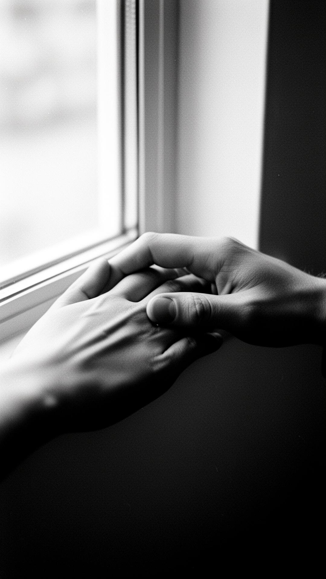 Two hands gently touching by a window